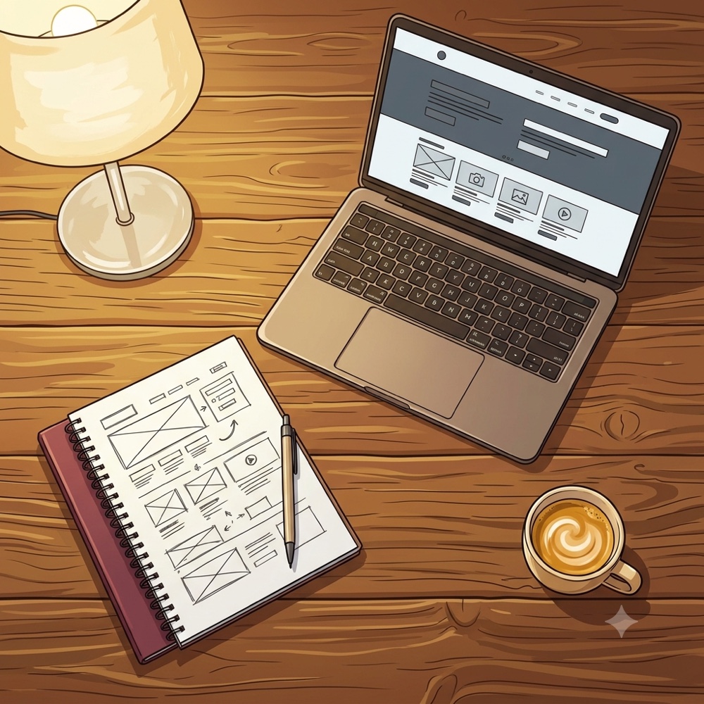 Illustration of a designer's desk — laptop with a site layout beside a notebook of wireframe sketches and a coffee