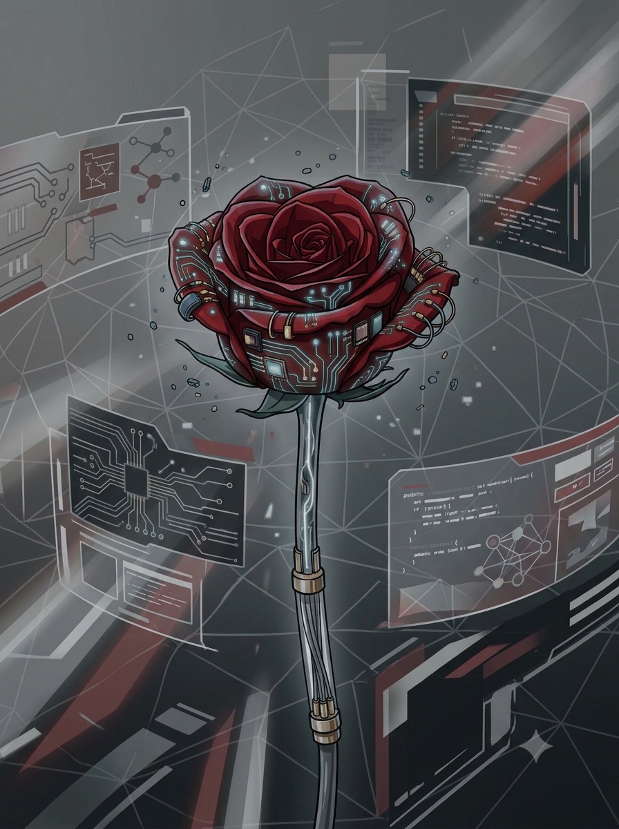 Illustration of a crimson rose woven with circuit traces, surrounded by translucent code panels